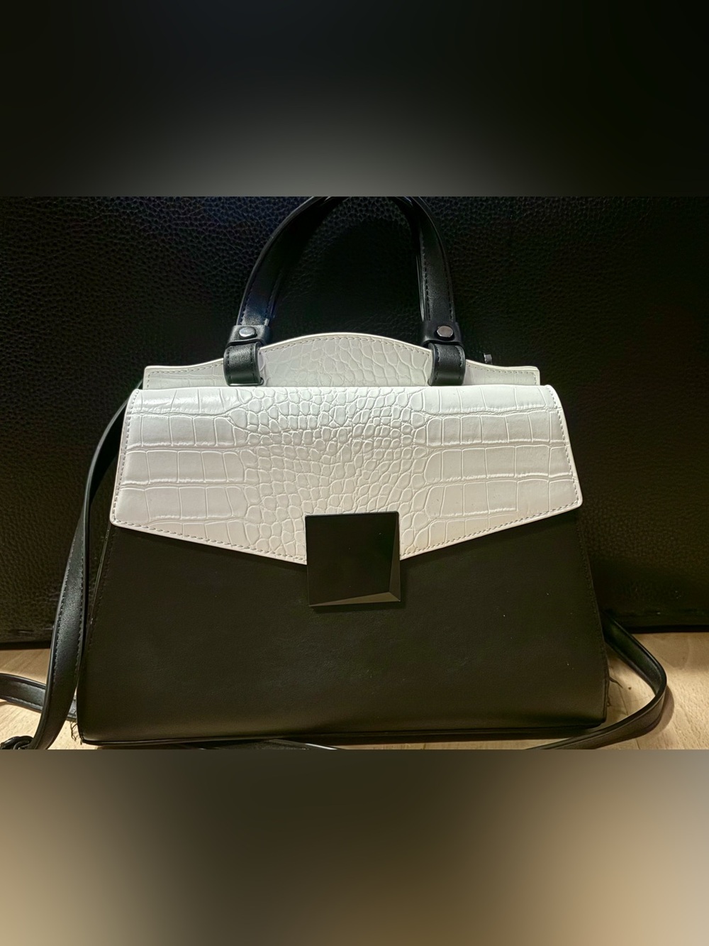 Women’s Black and White Croc-Accent Top Handle Bag